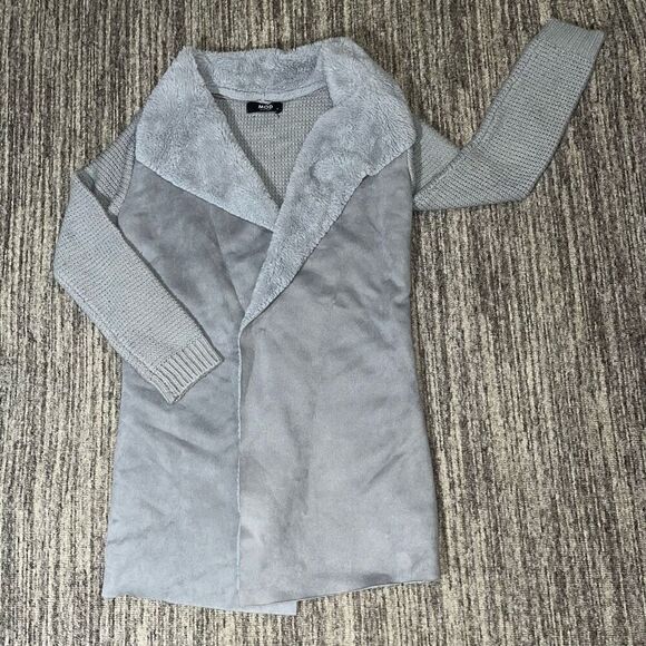 Mod Black Label Womens Medium Suede Front Cardigan Sweater Gray Faux Fur Long - Picture 1 of 8